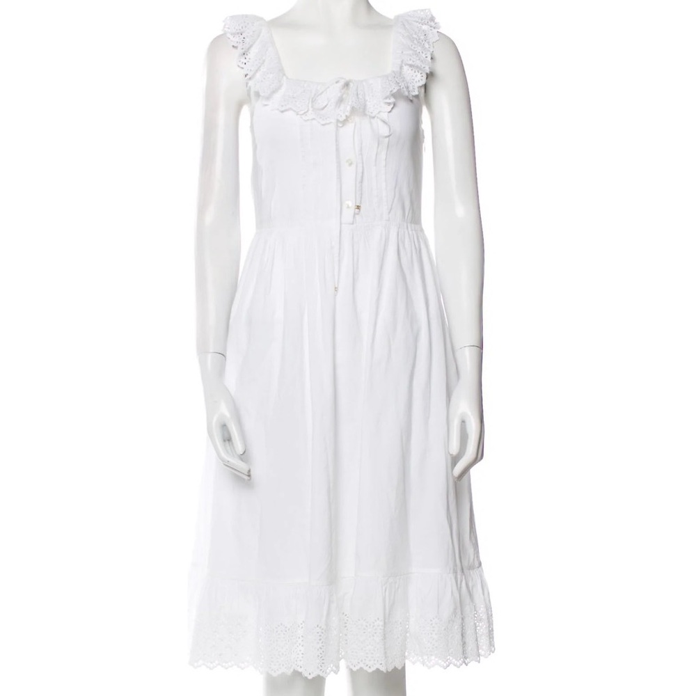Celine White Dress Midi Length Small Summer Dress Prairie Lace Cotton
